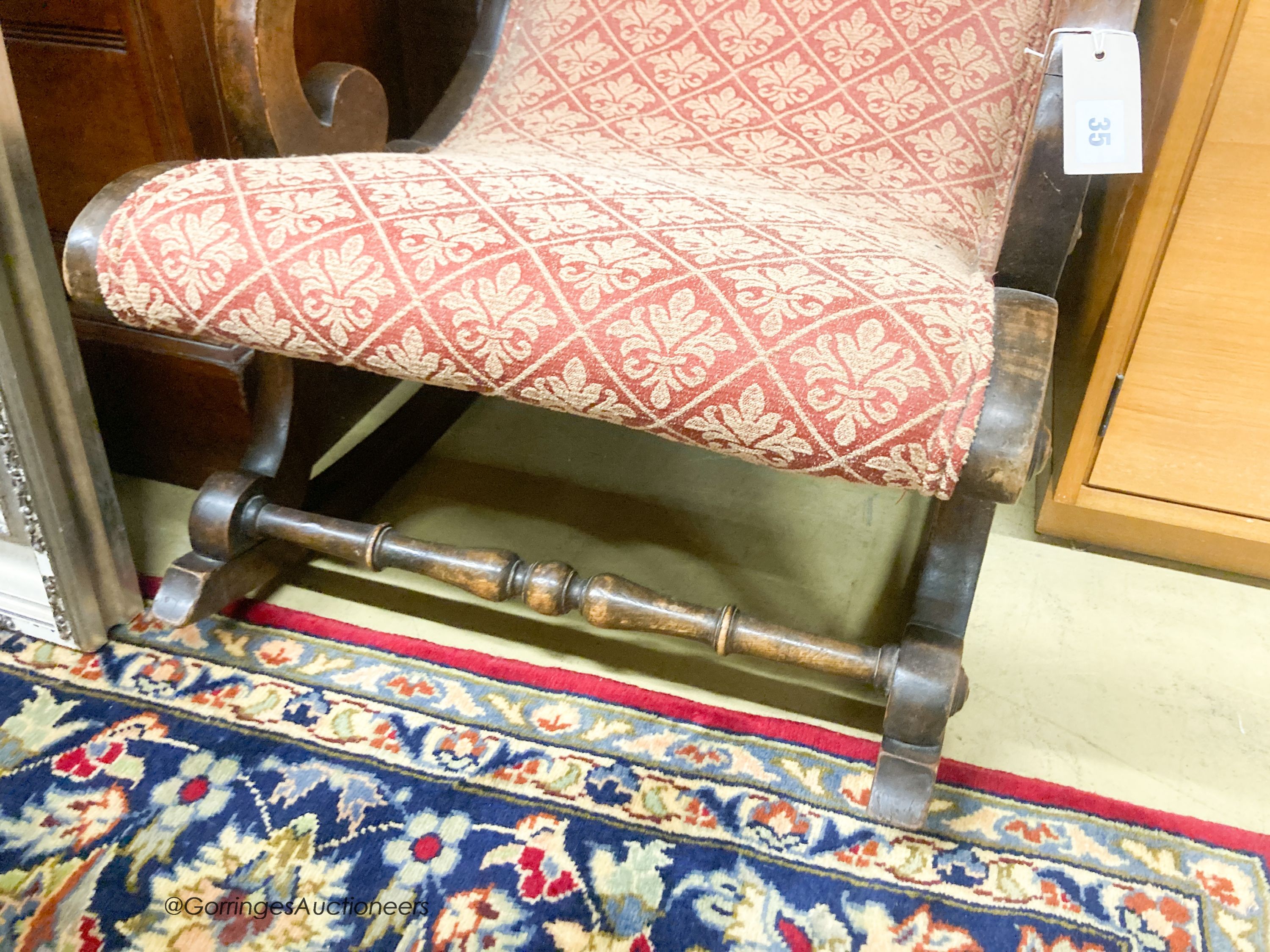 A small rectangular Kelim foot stool, 63 x 43cm together with a Victorian style rocking chair